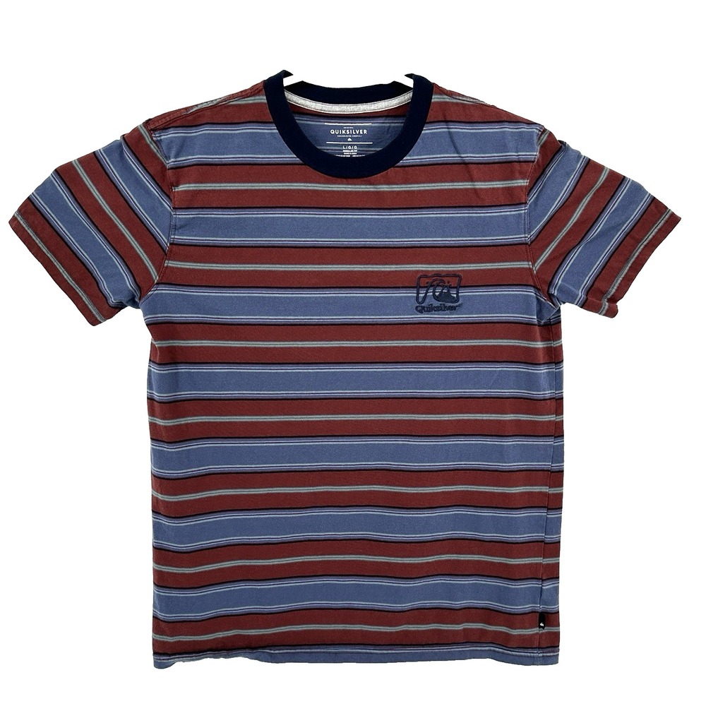 Vintage Quiksilver Knit Shirt Mens L Red Blue Stripe Short Sleeve Surf Y2K